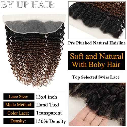 Unprocessed Brazilian Virgin Human Hair #1b/30 Lace Frontal Pre Plucked with Baby Hair (16inch) - Deep Wave Ombre, Ear to Ear Transparent Lace Frontal Closure, 13x4