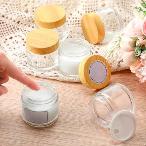 Layhit 36 Pcs 2oz Glass Jars with Lids Clear Small Jars with Plastic Woodgrain Lids, White Labels and Inner Liners Empty Round Cosmetic Containers for Creams Lotions Candle Making (2oz/ 60ml)