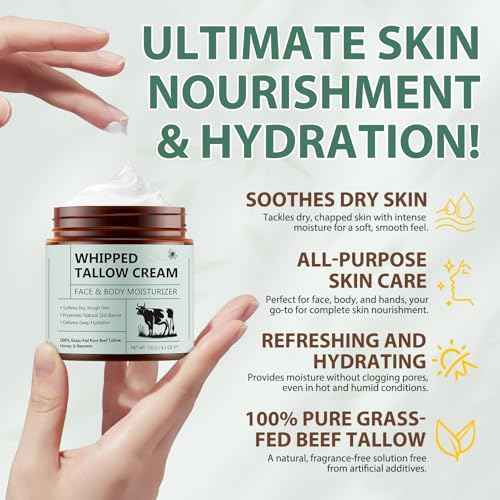 Beef Tallow for Skin, Tallow Face Moisturizer 4.2 Oz, Tallow and Honey Balm, Fast Absorption and Deeply Moisturizing for Face & Body, Organic Grass Fed Beef Tallow with Honey Cream