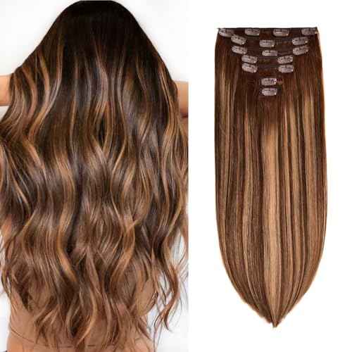 Clip in Hair Extensions Real Human Hair, 120g 7pcs Human Hair Extension Clips, 22 Inch Chocolate Brown to Caramel Blonde #4/27/4 Human Hair Clip in Extensions, Double Weft Clip in Human Hair Extensions Straight Hair