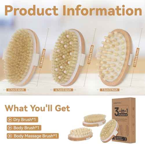 3-Pack Dry Body Brush with Massage Brush Exfoliating Dry Brushing Body Brush for Lymphatic Drainage, Natural Boar Bristle Dry Brush for Body Cellulite Improving Blood Circulation