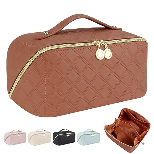 Ineowelly Makeup Bag, Large Capacity Travel Cosmetic Bag for Women, PU Leather Makeup Travel Bag Waterproof, Multifunctional Toiletry Bag with Portable Handle & Layered (Brown)