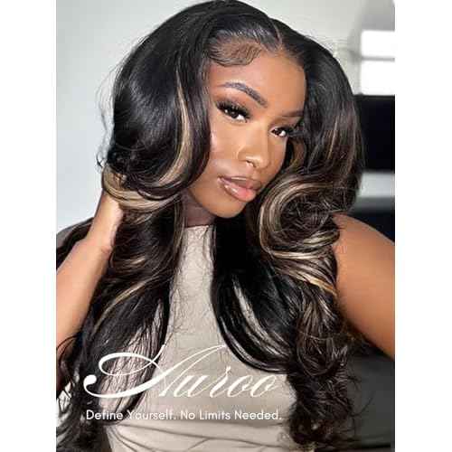 Black With Platinum Blond Highlight Bundles and 2x6 HD Lace Closure Body Wave Human Hair, 12A Balayage Ombre Skunk Stripe 3 Bundle With Long Deep Part Natural Black 2x6 Kim K Closure 10 12 14+10