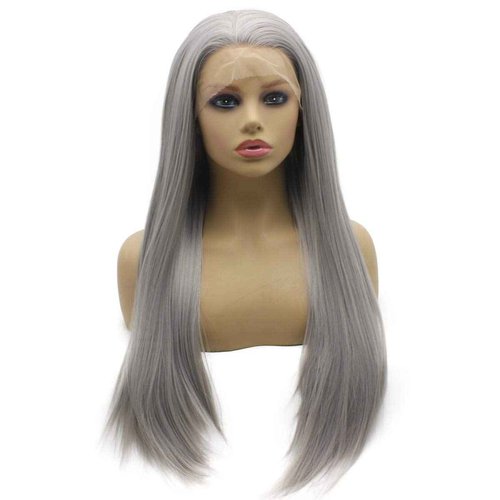 Iwona Gray Straight Wig Half Hand Tied Heat Resistant Fiber Hair Synthetic Lace Front Wig