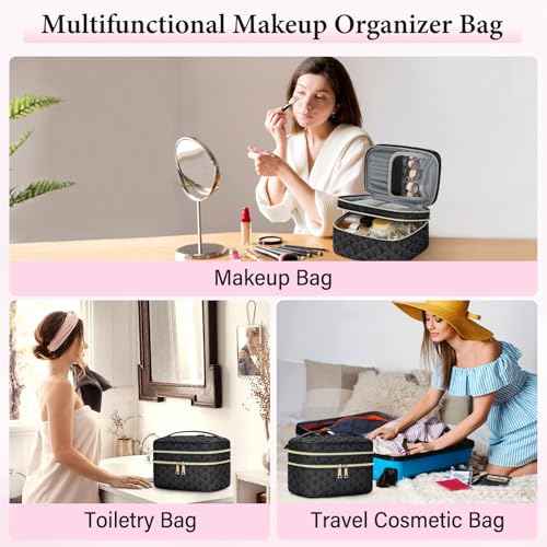 IGOLUMON Travel Makeup Bag Double Layer Make Up Bag Portable Large Cosmetic Bag Wide-open Toiletry Bag for Women Roomy Cosmetic Case Pouch Multifunction Organizer Storage Bag, Black