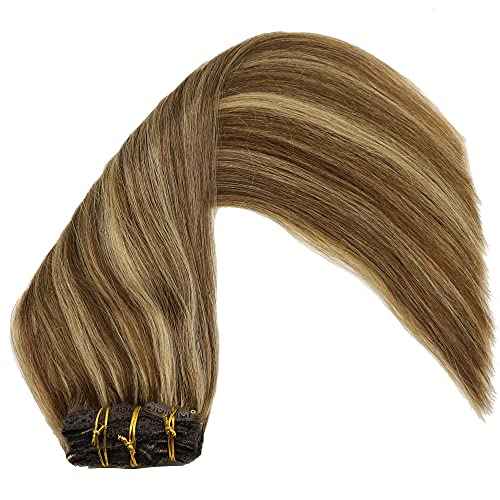 Human Hair Lace Clip In Hair Extensions Thick Ends Highlights Piano Color Chocolate Brown/Strawberry Blonde 16inch 100g Remy Hair Extensions