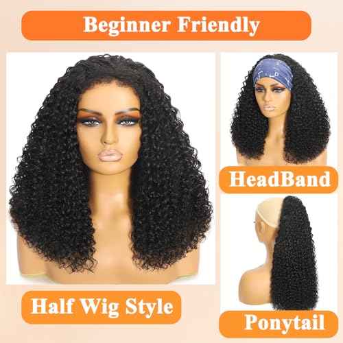 Half Wig Human Hair Water Wave Half Wig 3 In 1 Glueless Wigs Seamless Flip Over with Drawstring Curly Half Wig Human Hair for Women Invisible Hairline Wear Go Beginner Friendly Natural Black 22 Inch