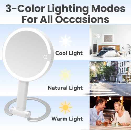Magnifying Mirror with Light, Makeup Mirror with Lights and Adjustable Brightness, Hanging and Handheld Mirror with Handle, Travel Portable Lighted Makeup Mirror, 360¡ÆRotation, Memory Function 1X/10X