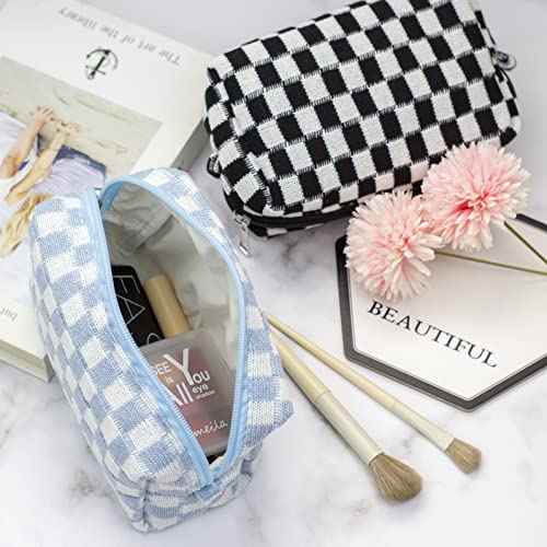 PAZIMIIK Checkered Makeup Bag for Purse Portable Zipper Make Up Pouch Small Cosmetic Case for Travel Accessories (6PCS Blue)