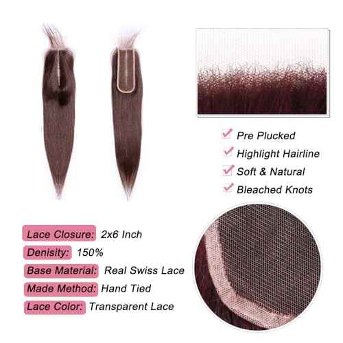 2x6 Lace Closure Human Hair 4# Chocolate Brown Transparent Lace Closure Straight Deep Middle Part 100% Raw Virgin Human Hair 150% Density 16 Inch