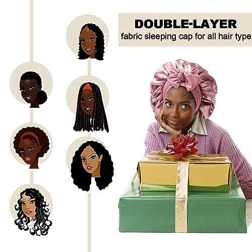 Satin Bonnet for Women - Tie Band Hair Bonnet Large 2 Layered Silk Sleeping Cap Nightcap with 3PCS Hair Scrunchies (Dust Rose)