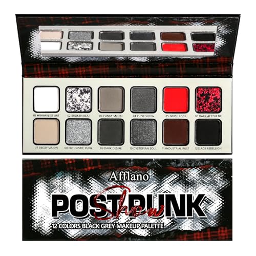 Black Gray Red Goth Makeup Palette, High Pigmented Grey Silver Brown Matte Shimmer Smokey Eyeshadow Palette, 12 Color Long Last Dark Emo Grunge Vampire Eye Shadow for Daily & Halloween Clown,Blendable