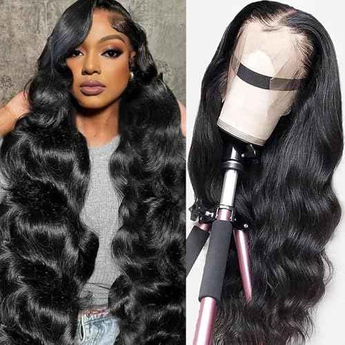 Douyin Body Wave Lace Front Wigs Human Hair Pre Plucked 28 Inch 180% Density 13x4 HD Lace Front Wigs For Women Glueless Transparent Human Hair Wig Natural Black Color