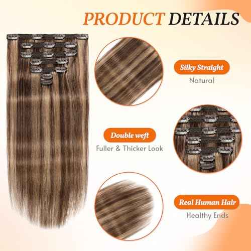 Clip in Hair Extensions Real Human Hair 18 inch, 7Pcs/70g Human Hair Clip in Extensions, Seamless Clip in Hair Extensions Human Hair #4/27 Medium Brown/Dark Blonde, 18 Inch