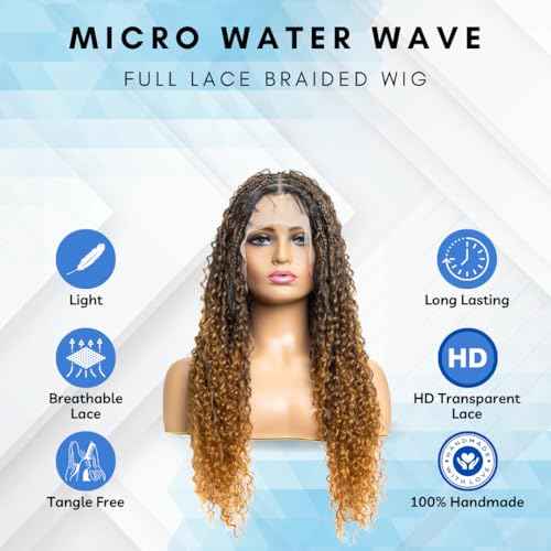 PIB Single Full Lace Braid Wig ? Micro Water Wave Box Braided Wigs, Knotless Braided Wigs for Black Women, Curly Hair Wig (#1B27 Off Black and Light Brown, 26")
