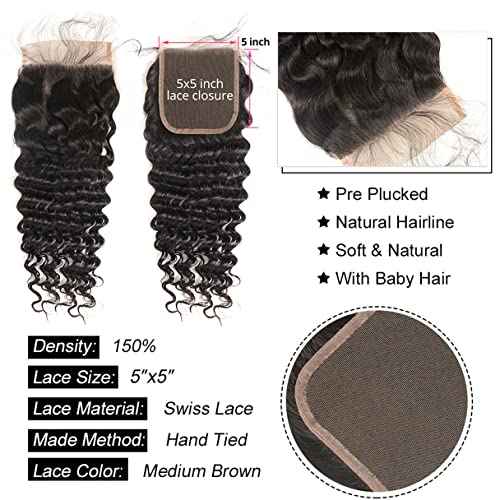Brazilian Deep Wave 5x5 Lace Closure 100% Unprocessed Human Virgin Hair Deep Curly Free Part Closure Pre-Plucked Hairline Loose Deep Closure Natural Black Baby Hair (18inch, 5x5 deep wave closure)