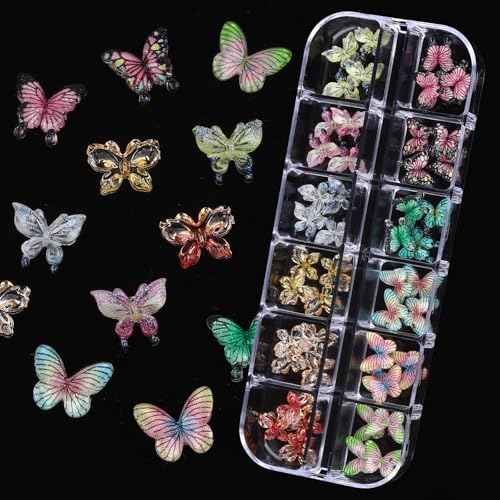 Nail Charms, Multi Shape Nail Rhinestones Kit 3D Multi Shape Nail Gems Colorful Butterfly Flowers Nail Crystals Flat Back Nail Pearls for Nail Art Supplies DIY Accessories 6 Boxes