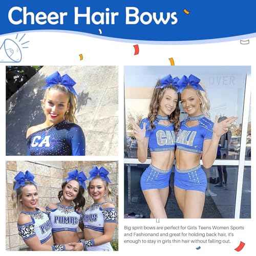 Oaoleer 12PCS Glitter Cheer Hair Bows for Cheerleading, 7inch Large Jumbo Cheer Bow with Ponytail Holder for Teen Girls Softball Cheerleader (Blue)