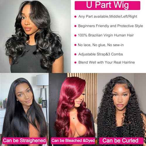 U Part Human Hair Wig Body Wave U Part Wig Human Hair for Black Women Glueless Wigs Human Hair Clip Natural Hair Wig Beginner Friendly Middle Part 180% Density 22inch