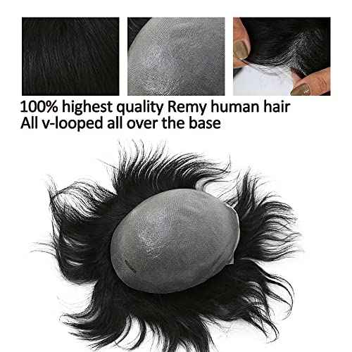 Men toupee Toupee for Men 0.06mm Ultra Soft Transparent Thin Skin All V-looped Natural Hairline Mens Hairpieces European Virgin Human Hair Systems Wigs 8x10 inches (1B Mixed 70% Grey White Hair)
