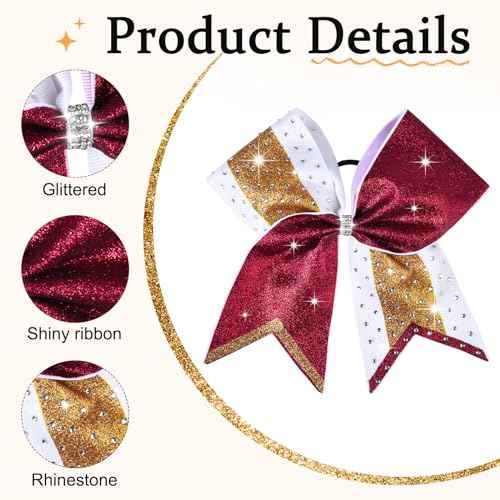 8 PCS Large Glitter Cheer Bows 8" Rhinestones Hair Bows Sparkly Cheerleading Softball Team Bow Hair Ponytail Holder Accessories for cheerleaders football Competition Sports- Maroon Gold