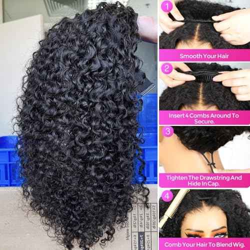 BLG Water Curly Half Wig Human Hair 250% Density 15A Messy Loose Curly 3 In 1 Seamless Half Wigs 18 Inch Quick Install Wear and Go Drawstring Wig Beginners Friendly Glueless Wigs Invisible Hairline