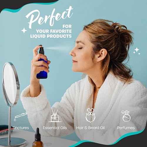 Nevlers Blue Glass Spray Bottles 4 Oz 48 Pack | Small Spray Bottles Mist Sprayer Set w/Funnel, Brush, Marker & Labels | Glass Mist Bottle For Use As Atomizer Sprayer for Perfume & More