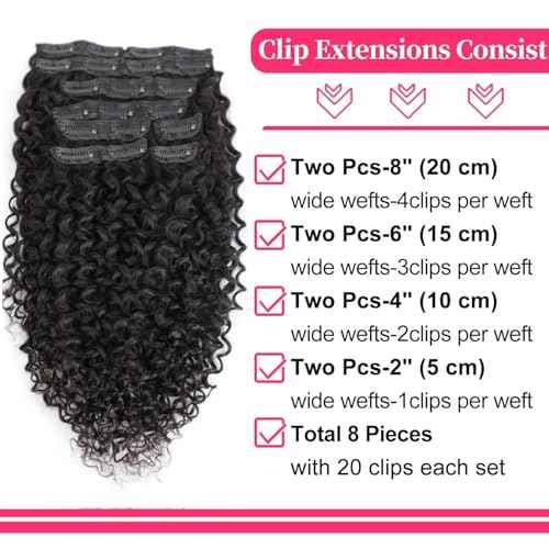 16 Inch Kinky Curly Clip ins Human Hair 110g 8pcs 20 Clips 3C 4A Curly Clip In Hair Extensions Real Human Hair Brazilian Virgin Hair Full Head for Women Natural Black