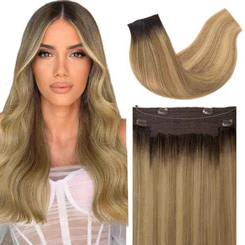 Anrosa Human Hair Extensions with Fish Line Invisible 18Inch 95g Remy Real Hair Extensions Wire Human Hair Balayage Dark Brown to Golden Blonde Wire Hair Extensions Human Hair Adjustable