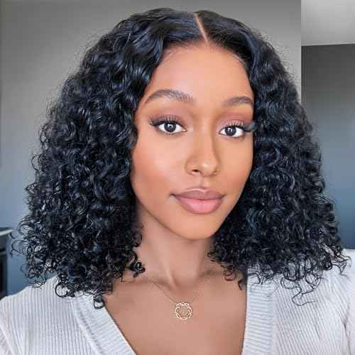 14 Inch Deep Wave Bob Wig Human Hair Glueless 13x6 Lace Front Wigs Human Hair Wigs for Black Women Pre Plucked 200 Density HD Short Curly Lace Frontal Wig Natural Black