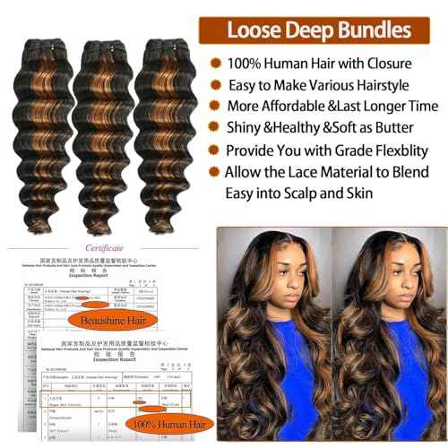 Human Hair Bundles with Closure 14 16 18+14inch Fb30 Colored Ombre Loose Deep Wave Human Hair with 4X4 Closure Free Part Quick Weave 10A Remy Virgin Hair Weave Colored Two Tone Ombre