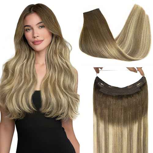GOO GOO Wire Hair Extensions Human Hair, 3/8/613 Walnut Brown with Ash Brown and Bleach Blonde Balayage 18inch 95g, Invisible Wire Hair Extensions with Transparent, Seamless Fish Line Hairpiece