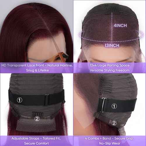 Deep Burgundy Bob Wig Human Hair 16 Inch Short Bob 13x4 HD Transparent Lace Front Wig Darker Than 99J Burgundy Pre Plucked Hairline with Baby Hair Natural Black Women Wig Heat Resistant 180 Density