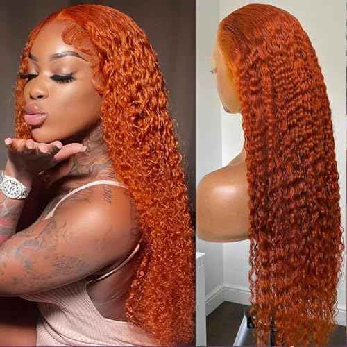 Curly Human Hair Wig 13¡¿6 Deep Wave Lace Front Wigs Human Hair 180 Density Deep Wave Wigs with Hairline Ginger Wig Human Hair 350# Colored 24 Inch