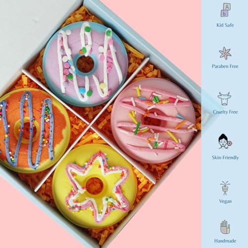 KAV Donut Bath Bombs Gift Set ? 4 Piece Handmade Organic Bath Bomb Kit with Essential Oils ? Relaxation Spa Gift for Women, Men, Teens, Kids ? Self Care & Aromatherapy Soak