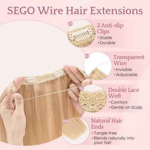 SEGO Invisible Wire Hair Extensions, Real Human Halo Hair Adjustable Wire Extensions, 2 Clips for Women Transparent Fish Line Extensions, Add Length, 20 inches, Gold Blonde Mixed Bleach Blonde, 70g