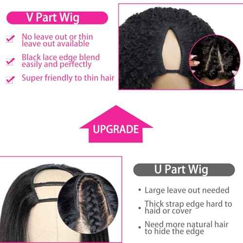 Afro Kinky Curly V Part Wigs With Drawstring For Black Women,200% Density Kinky Curly V Part Human Hair Wigs,Upgrade No Sew In & Glueless Design,Beginner Friendly,Natural Black Color(20inch)