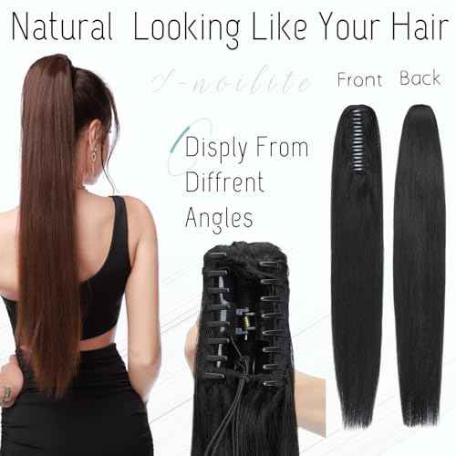 S-noilite Claw Clip Ponytail Extension Human Hair #1 Jet Black Real Remy Human Hair Ponytail Extension 16inch Long Straight Hair Pony Tails Hair Extensions For Women 105Grams