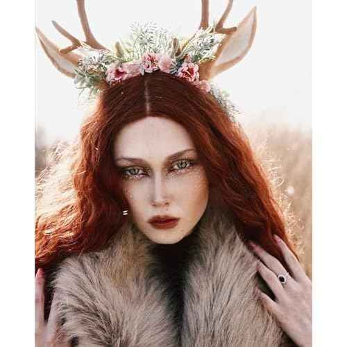 MOSTORY Handmade Antler Headband Brown - Adjustable Reindeer Horns Crown with Ears Fairy Flower Woodland Headpiece for Renaissance Christmas Cosplay Prom Fae Ball Costume Photo Prop