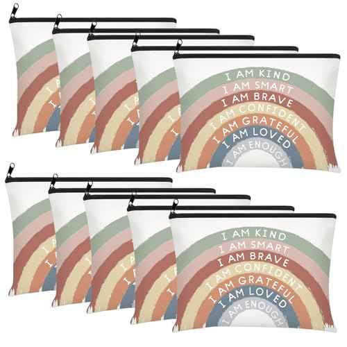 Chunful 10 Pieces Inspirational Canvas Makeup Bags for Women Graduation Gift Rainbow Canvas Cosmetic Bags Bulk with Zipper Friendship Gift Travel Toiletry Pouch(Motivation)