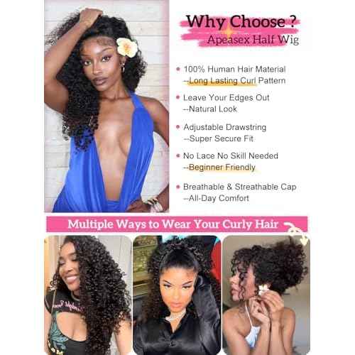 Burmese Curly Half Wig Human Hair 22 Inch True Length 3 In 1 Curly Half Wigs for Black Women Pre Blended 4C Edges Water Wave Wear Go Glueless Wigs Headband Wig Human Hair with Drawstring