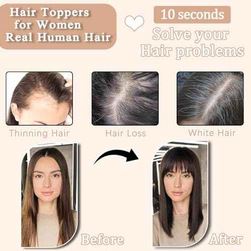 Hair Toppers for Women Real Human Hair,360¡Æ3D Big Basement Cover Topper for Women with Thinning Crown with Wispy Clip in Bangs Realistic Scalp (Dark brown, 3D Wispy Bangs 16INCH)