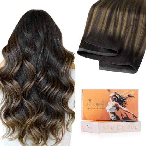 DOORES Butterfly Weft Hair Extensions Human Hair, Balayage Dark Brown to Chestnut Brown 18 Inch 100g, Double Weft PU Extensions with Micro Beads Hand Tied
