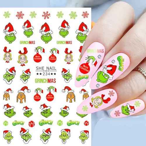 Griinch Nail Art Stickers Decals 7 Sheets, Christmas Nail Stickers for Nail Art Design Holiday Decoration Accessories for Women Girls Kids 3D Self-Adhesive