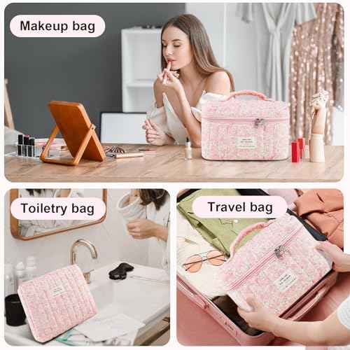 3Pcs Makeup Bag Cotton Quilted Travel Cosmetic Bag Cute Floral Makeup Pouch Large Toiletry Bag for Women Girls (Flowers-Pink3)