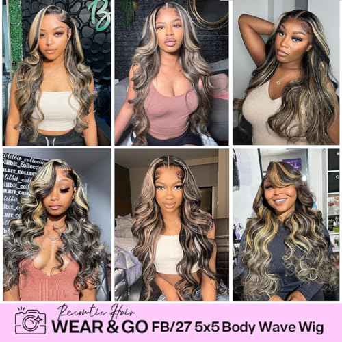 Highlight 5x5 HD Lace Closure Wigs Wear and Go Glueless Wigs Human Hair Pre Plucked Pre Cut 1B/27 Honey Blonde Body Wave Lace Front Wigs Human Hair for Women 180% Density 26Inch