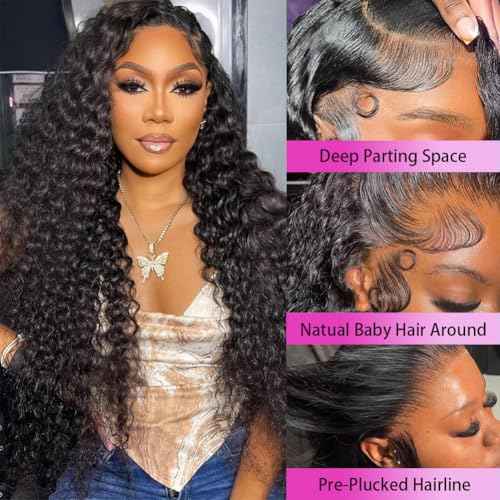 30 Inch Deep Wave Lace Front Wigs Human Hair 13x4 HD Transparent Deep Curly Lace Frontal Wigs Human Hair Glueless Wig pre Plucked 200% Density Natural Color