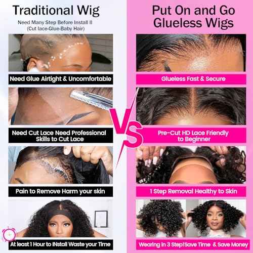 AISI Glueless Wigs Human Hair Pre Plucked Pre Cut Ready to Wear Curly Bob Wigs 5x5 HD Lace Front Wigs for Black Women 180% Density Deep Curly Lace Wigs with Elastic Band for Beginners 16 Inch