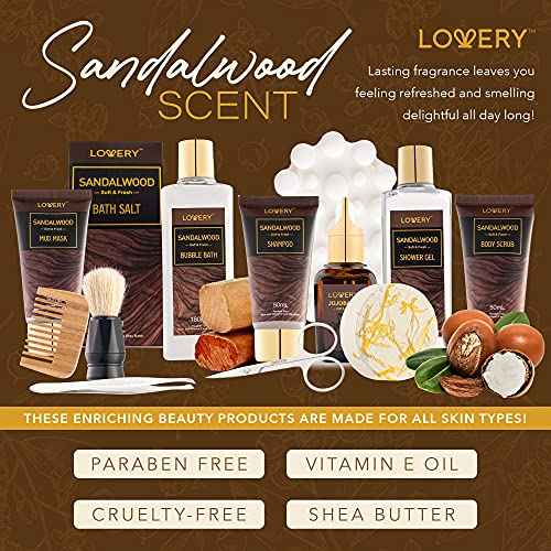 Christmas Mens Gift Set, 14Pc Sandalwood Bath Gift Set, Personal Self Care Kit, Gifts from Son, Relaxing Man Gift Basket for Dad, Boyfriend, Husband, Birthday Basket, Grooming & Skin Care for Men