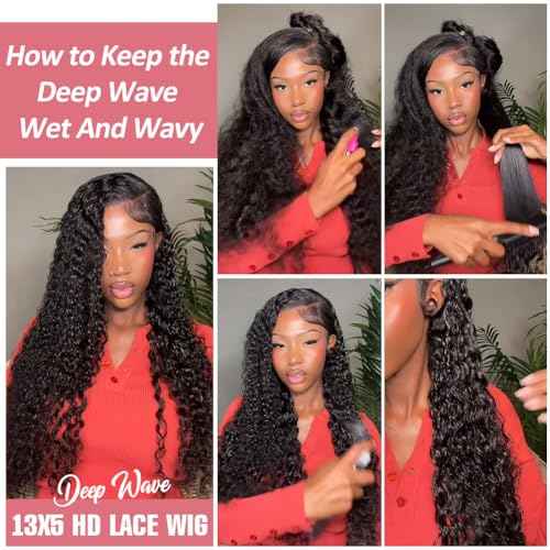Keshon 13x5 HD Transparent Lace Front Wigs Human Hair Deep Wave 200% Density Frotal wig 13x5 Lace Frontal Wigs Human Hair Pre Plucked with Baby Hair Natural Color 20 inch